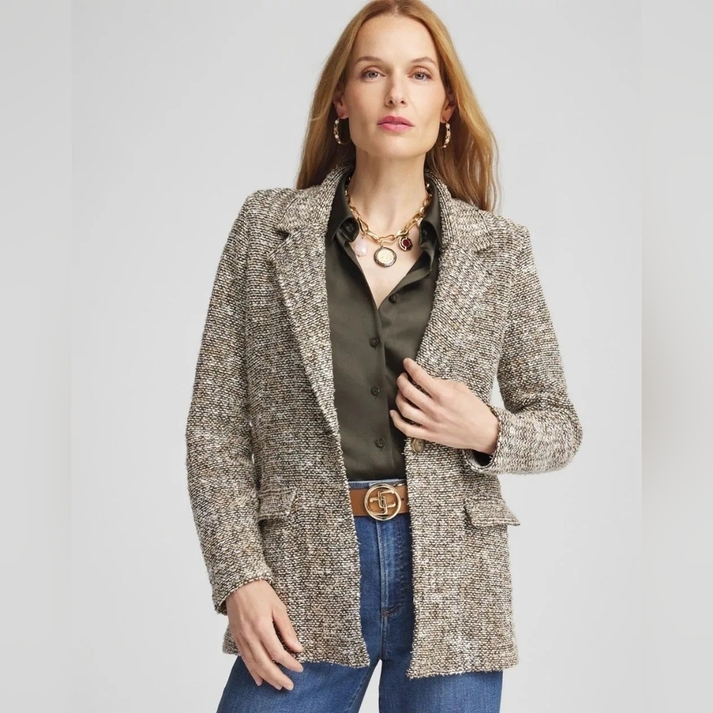 Chicos NWT Tweed Sweater Blazer Olive Green Metallic 4/ XXL